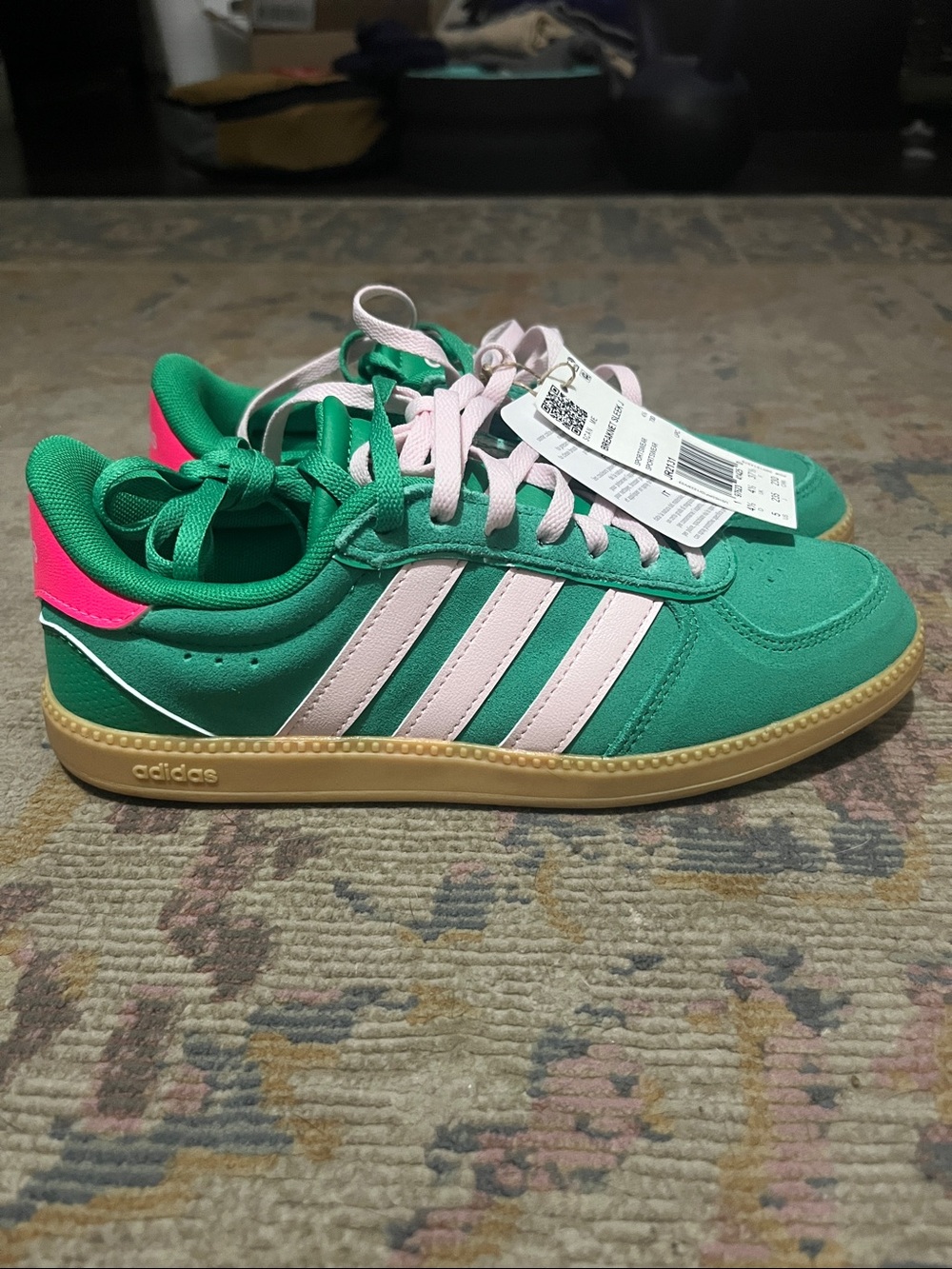 Adidas youth Green Sneakers with Pink Stripes and Hot Pink Heel